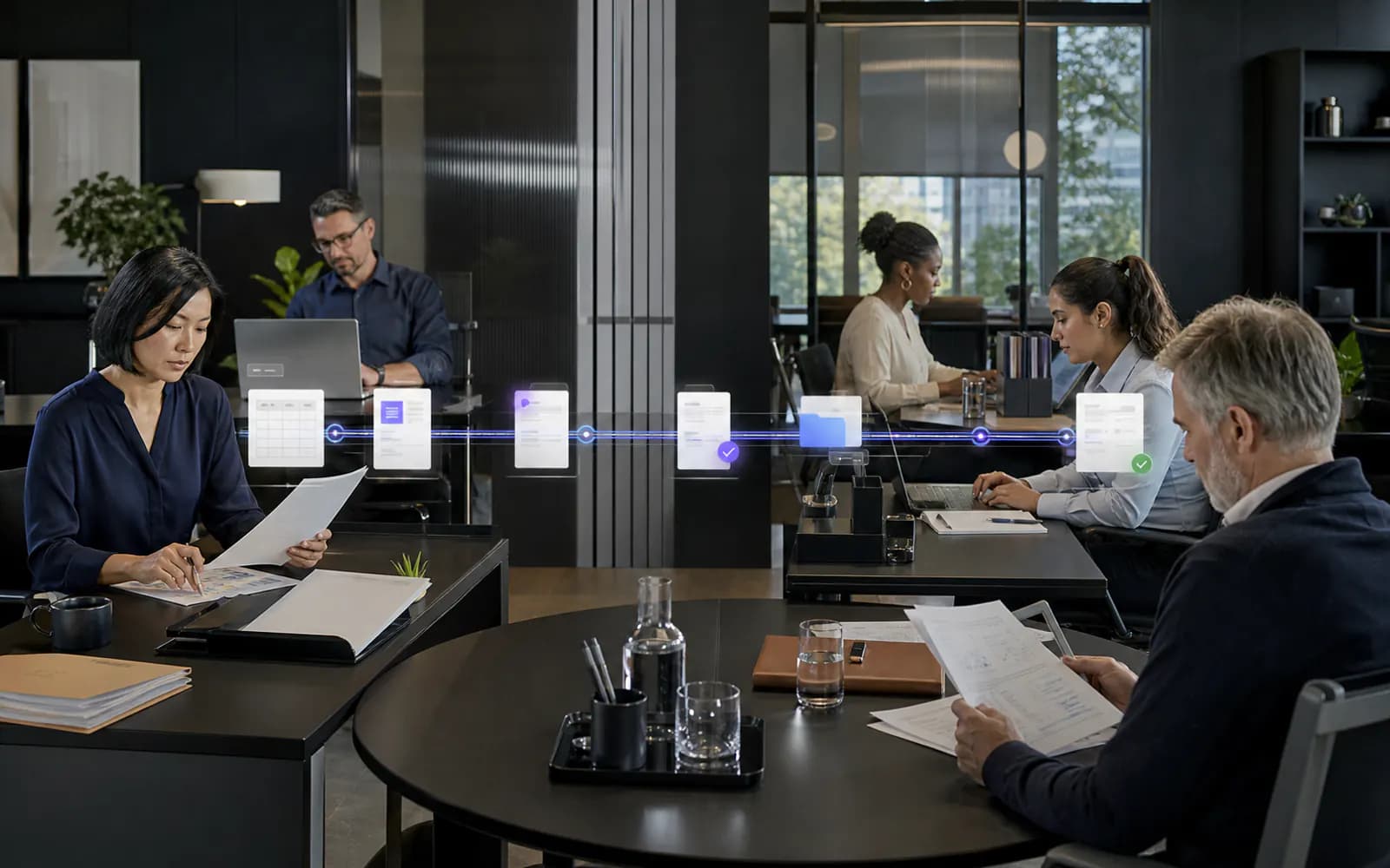 A diverse enterprise team doing familiar operational work while forms and files move through a subtle controlled workflow