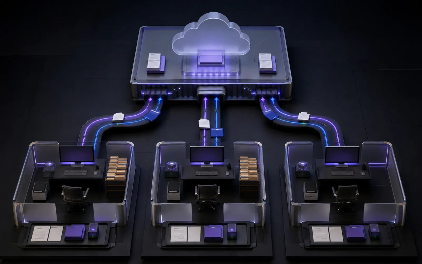 A central cloud control plane connected through controlled paths to three separate private workstation and project environments