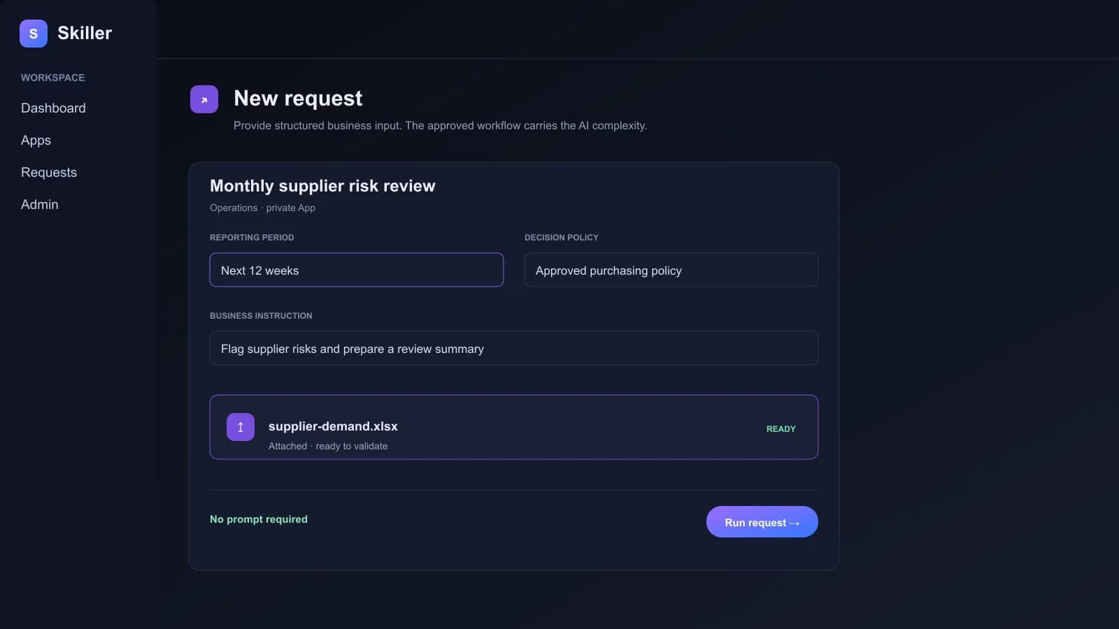 Sanitized Skiller request form interface showing structured fields and an attached business input