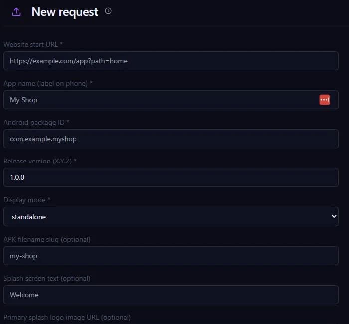 Close view of a Skiller New request form showing labeled fields and a display-mode selector