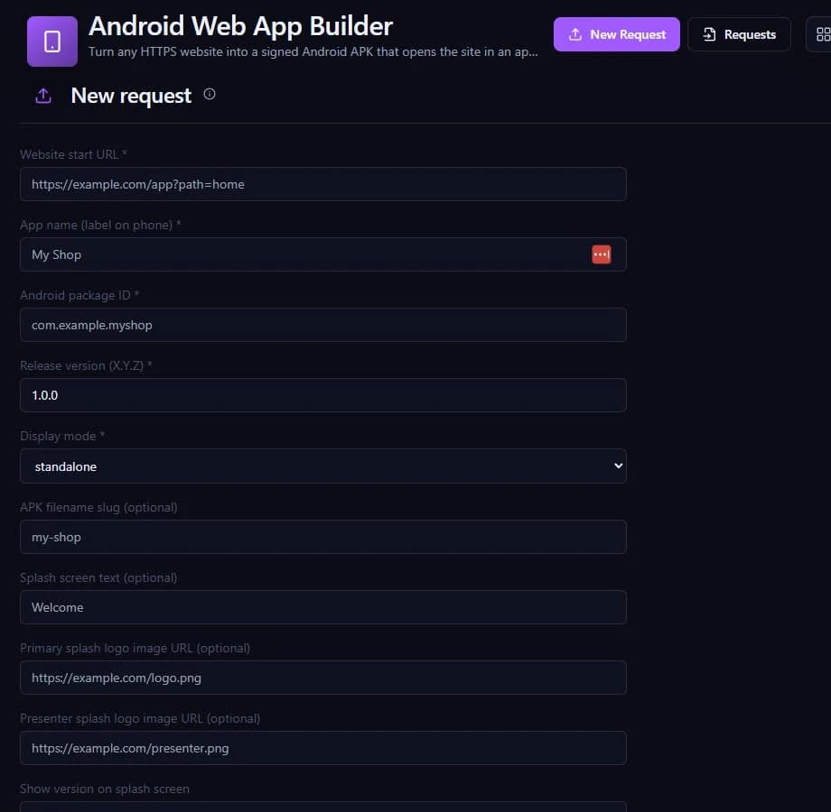 Skiller New request form with structured website, app, release and display-mode inputs